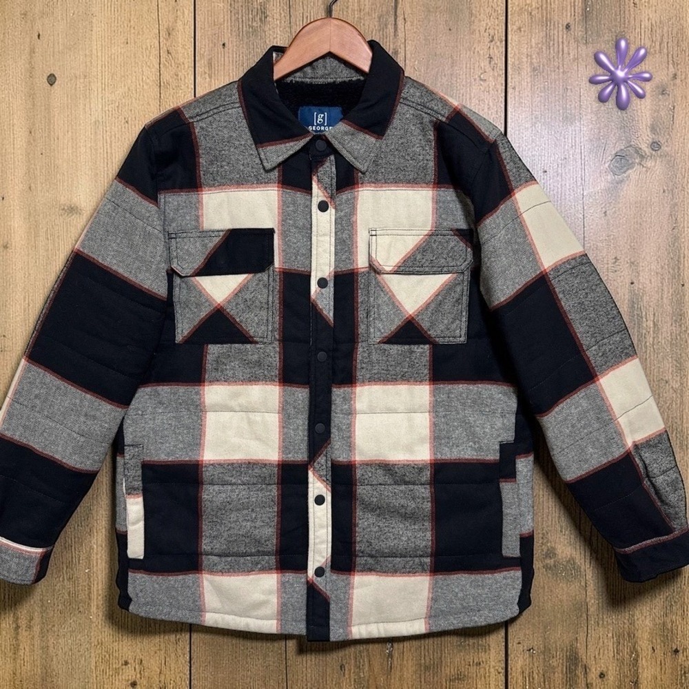GEORGE Sherpa Lined Flannel Shacket Jacket |‎ Black Grey Buffalo Plaid | MEDIUM